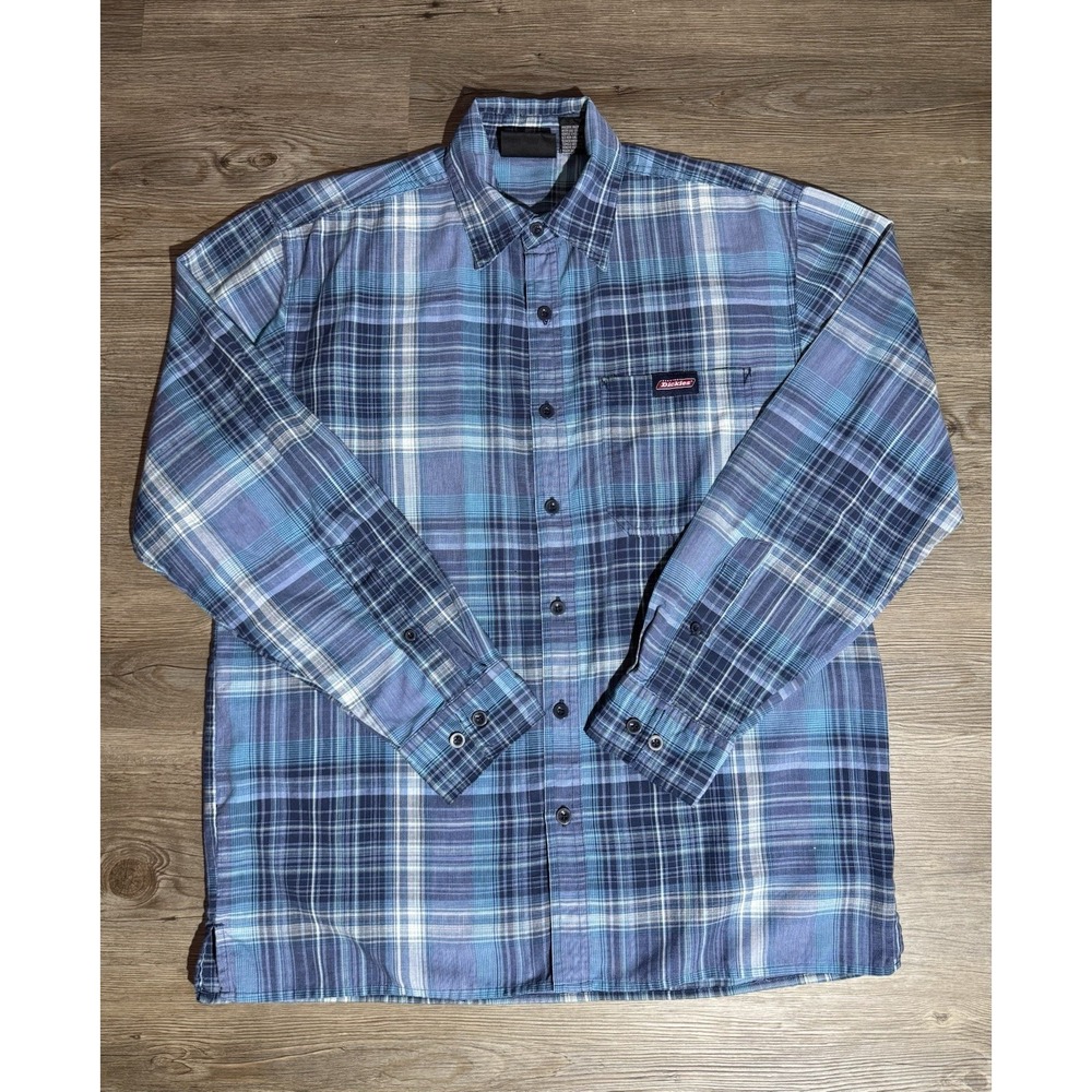 Dickies Genuine Men's M Blue Plaid Button Up Work Shirt Cotton Blend